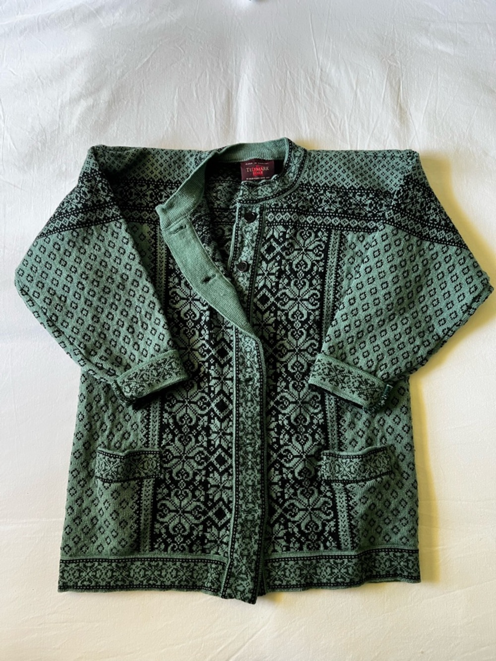Green Vintage Telemark Style Origin Patterned Cardigan Sweater